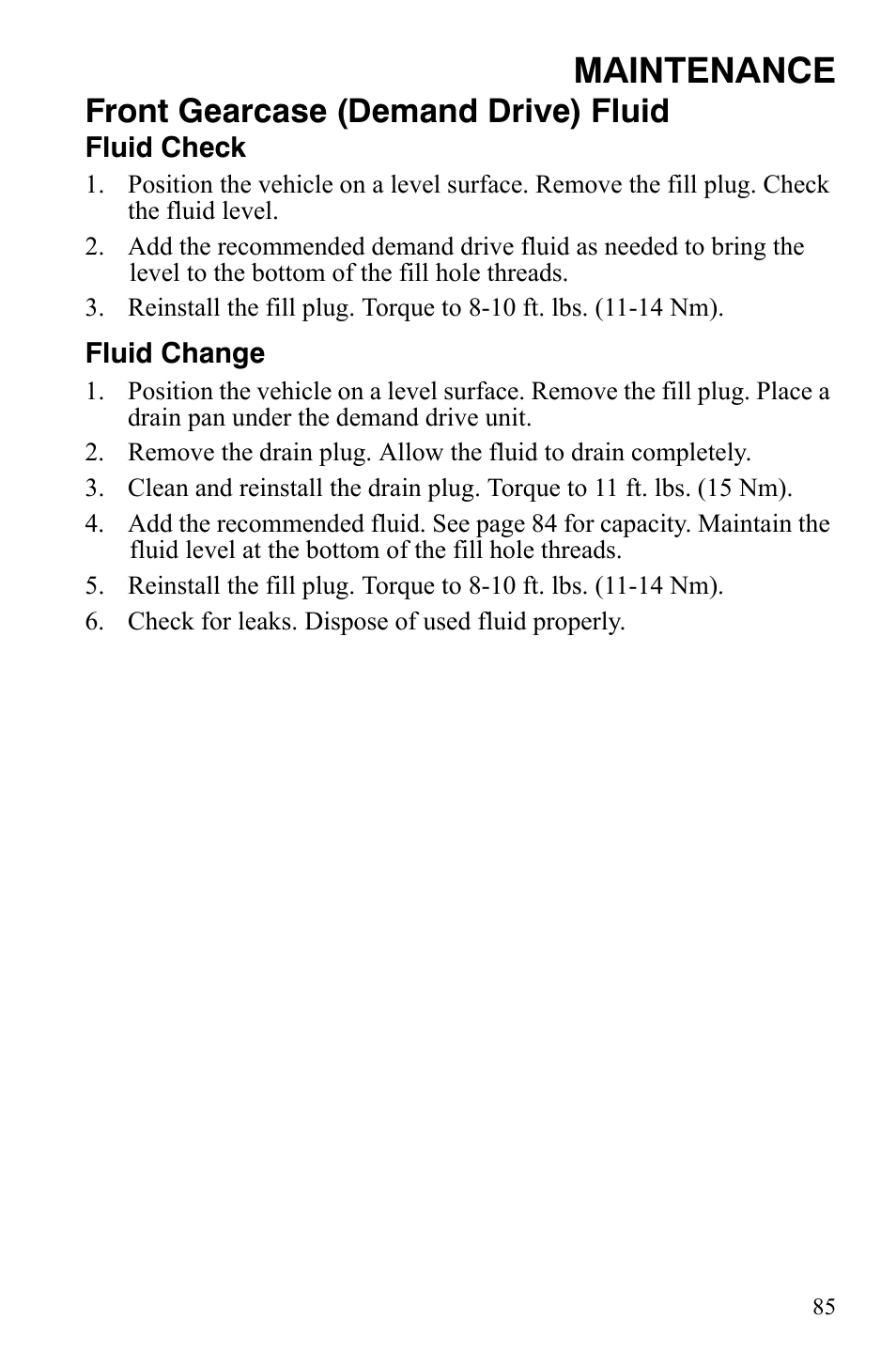 Maintenance, Front gearcase (demand drive) fluid | Polaris Sportsman 9920629 User Manual | Page 88 / 143