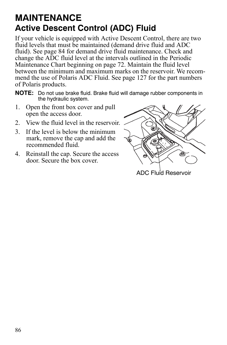 Maintenance, Active descent control (adc) fluid | Polaris Sportsman 9920629 User Manual | Page 89 / 143