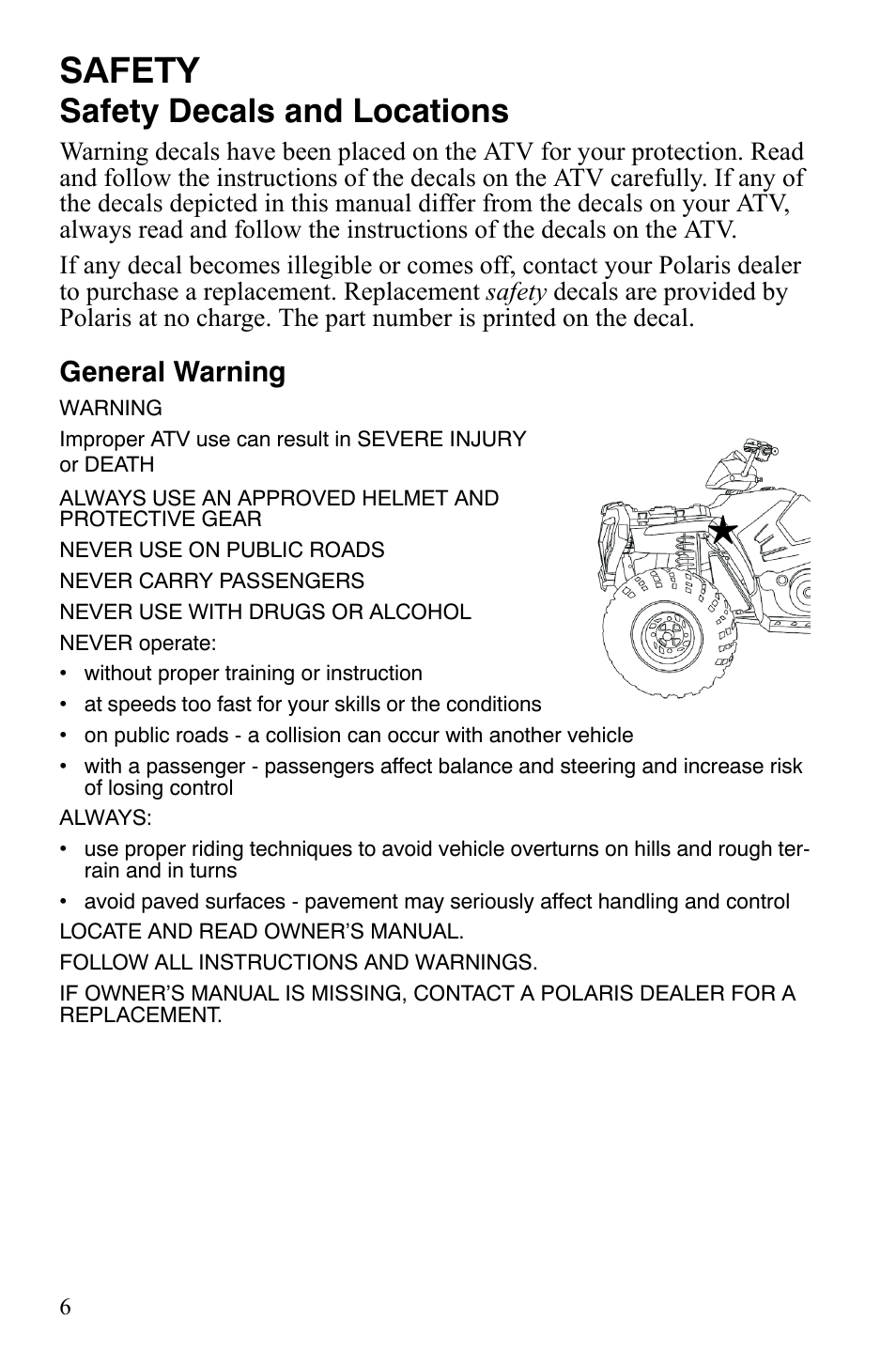 Safety, Safety decals and locations | Polaris Sportsman 9920629 User Manual | Page 9 / 143