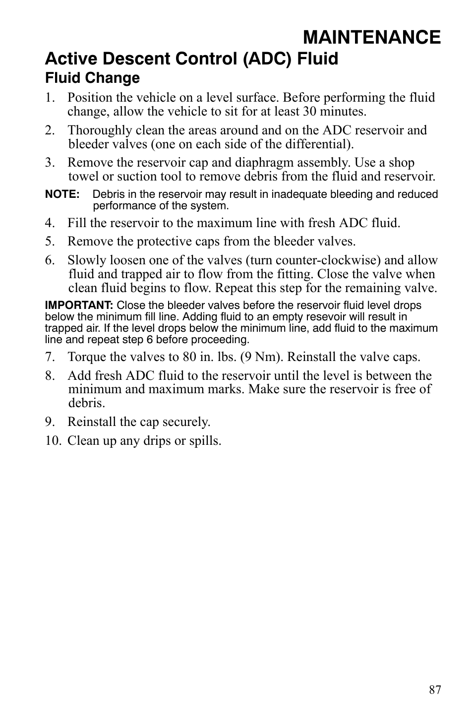 Maintenance, Active descent control (adc) fluid, Fluid change | Polaris Sportsman 9920629 User Manual | Page 90 / 143