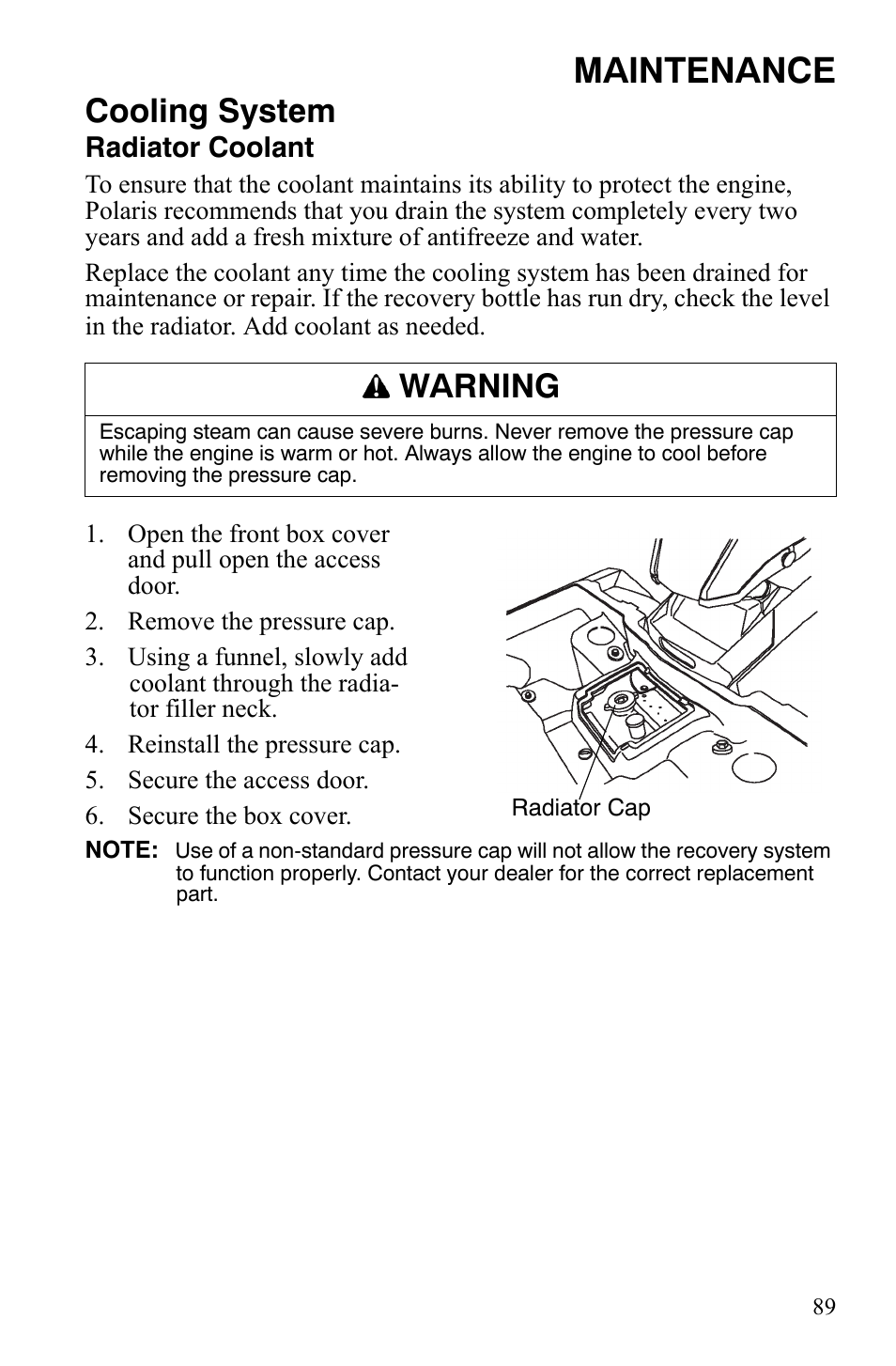 Maintenance, Cooling system, Warning | Polaris Sportsman 9920629 User Manual | Page 92 / 143