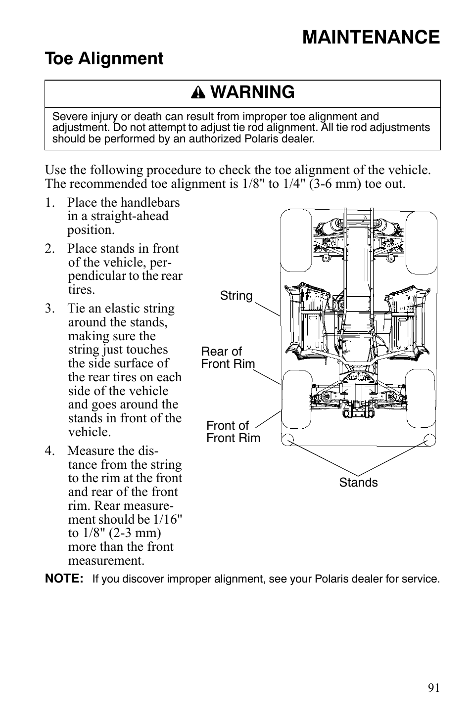 Maintenance, Toe alignment, Warning | Polaris Sportsman 9920629 User Manual | Page 94 / 143