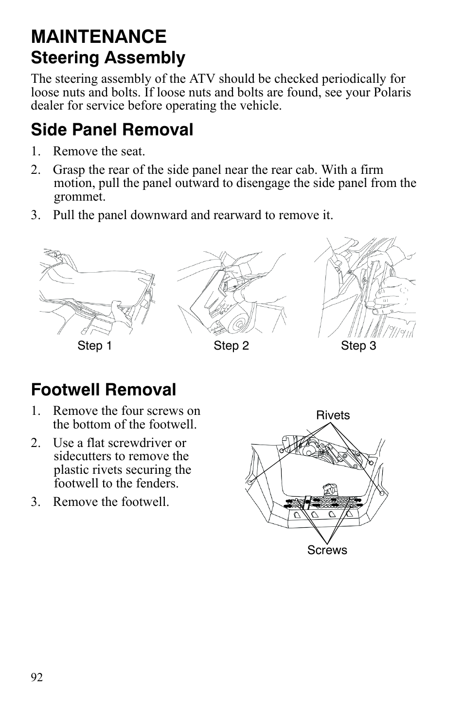 Maintenance, Steering assembly, Side panel removal | Footwell removal | Polaris Sportsman 9920629 User Manual | Page 95 / 143