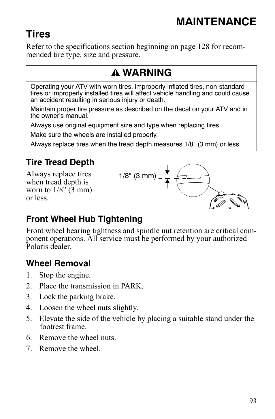 Maintenance, Tires, Warning | Polaris Sportsman 9920629 User Manual | Page 96 / 143