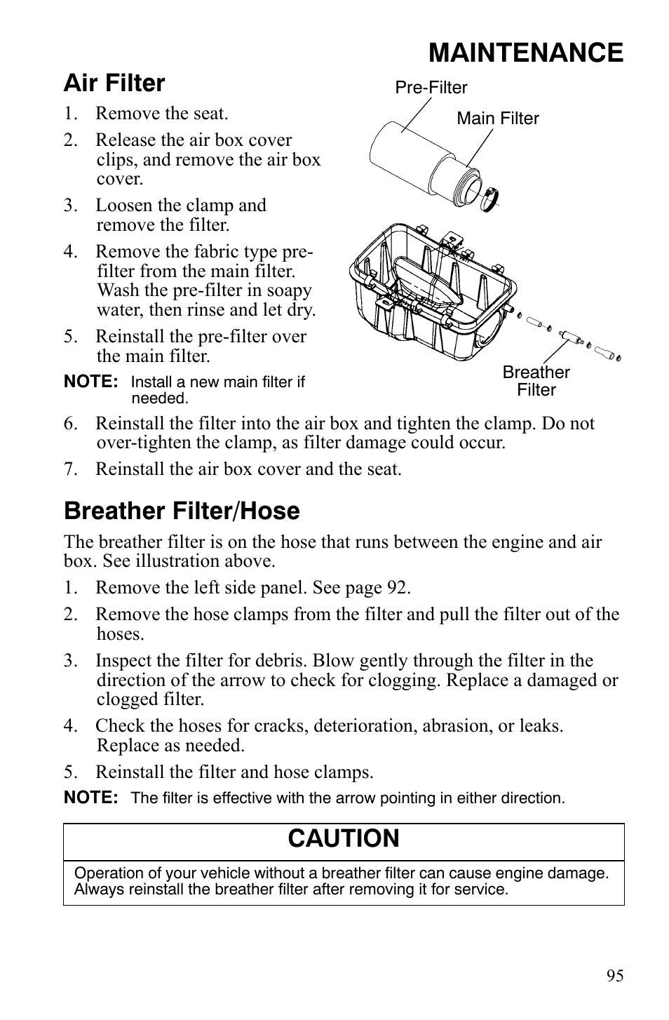 Maintenance, Air filter, Breather filter/hose | Caution | Polaris Sportsman 9920629 User Manual | Page 98 / 143