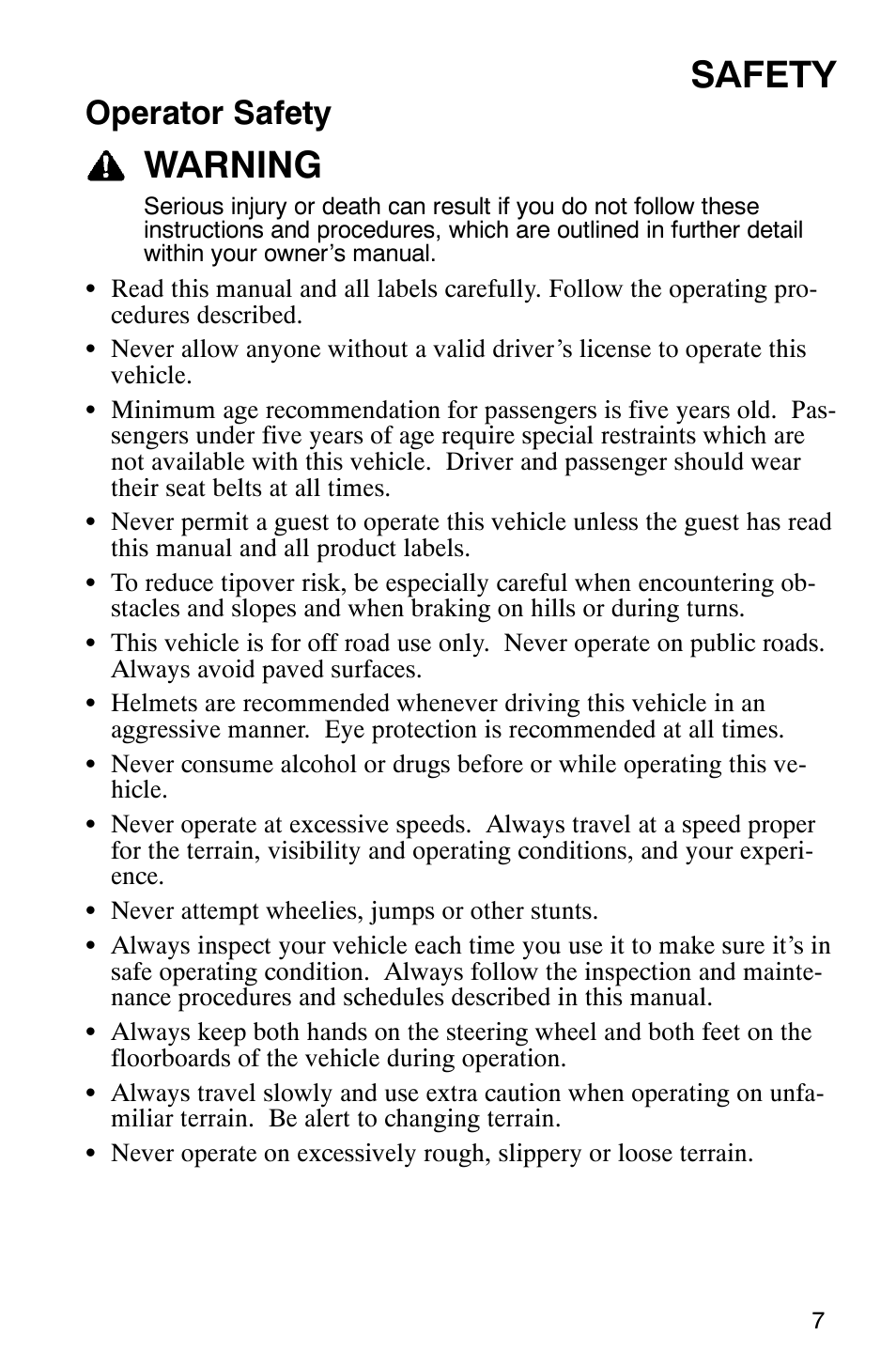 Safety, Warning, Operator safety | Polaris RANGER XP 4X4 700 EFI User Manual | Page 10 / 122