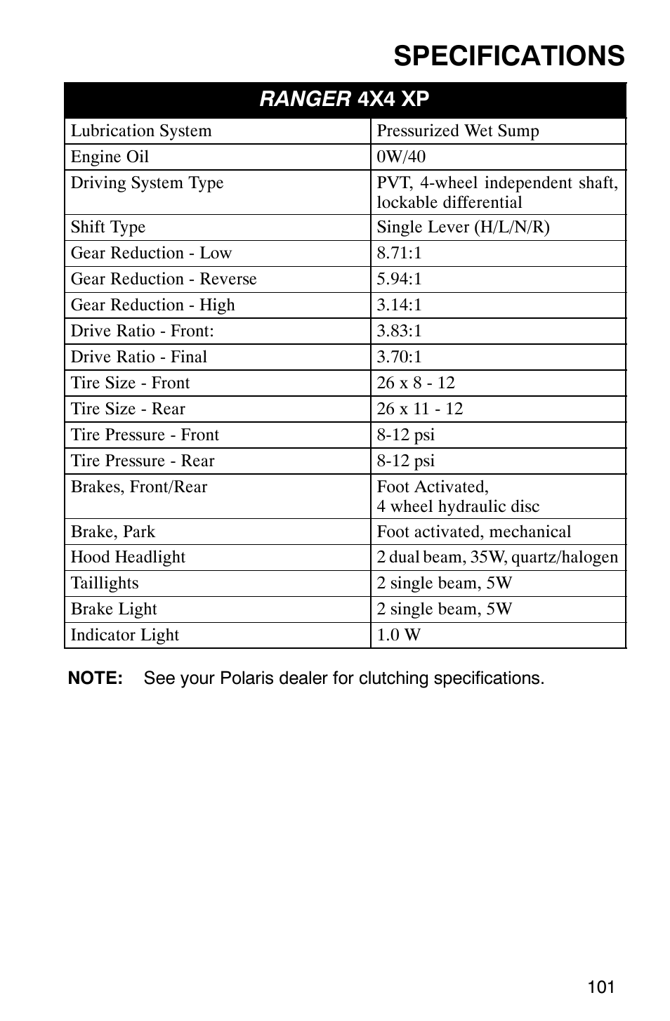 Specifications, Ranger 4x4 xp | Polaris RANGER XP 4X4 700 EFI User Manual | Page 104 / 122