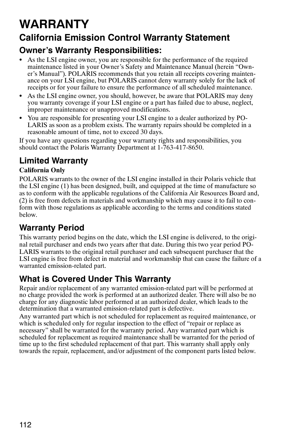 Warranty, California emission control warranty statement, Owner’s warranty responsibilities | Limited warranty, Warranty period, What is covered under this warranty | Polaris RANGER XP 4X4 700 EFI User Manual | Page 115 / 122