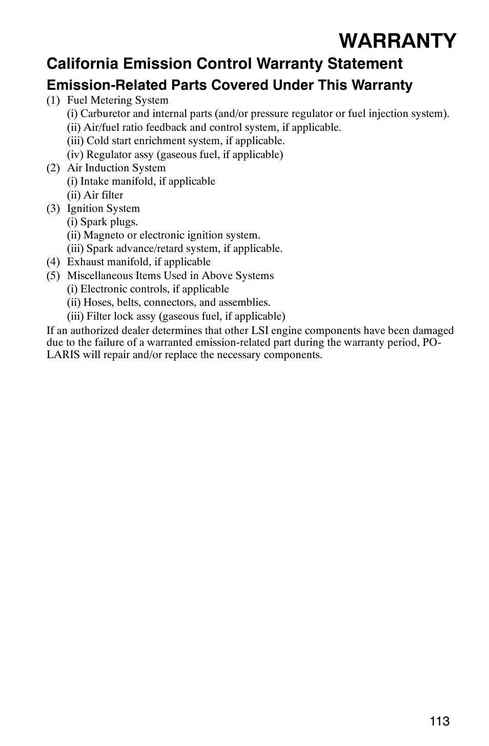 Warranty, California emission control warranty statement | Polaris RANGER XP 4X4 700 EFI User Manual | Page 116 / 122