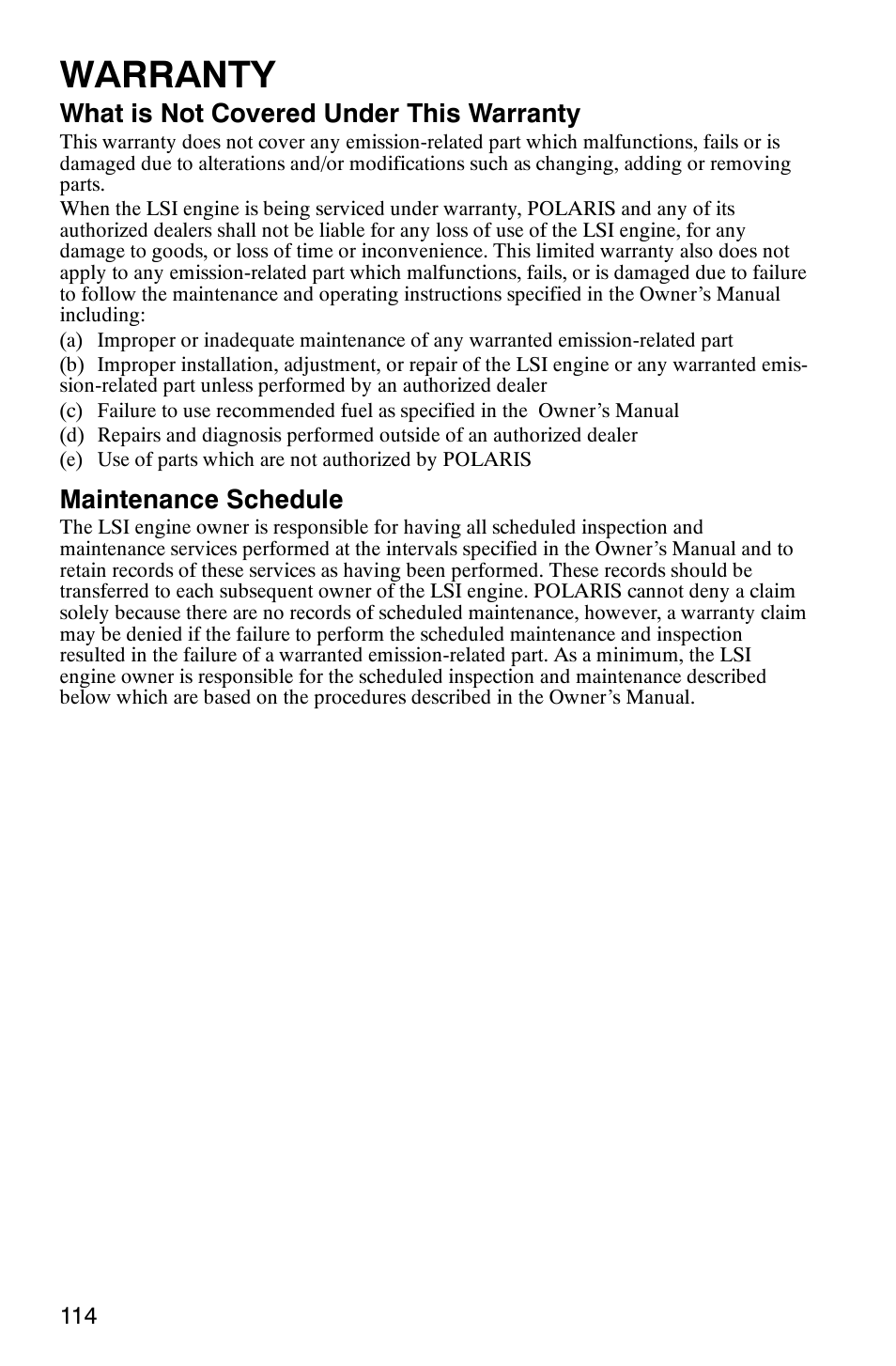 Warranty, What is not covered under this warranty, Maintenance schedule | Polaris RANGER XP 4X4 700 EFI User Manual | Page 117 / 122
