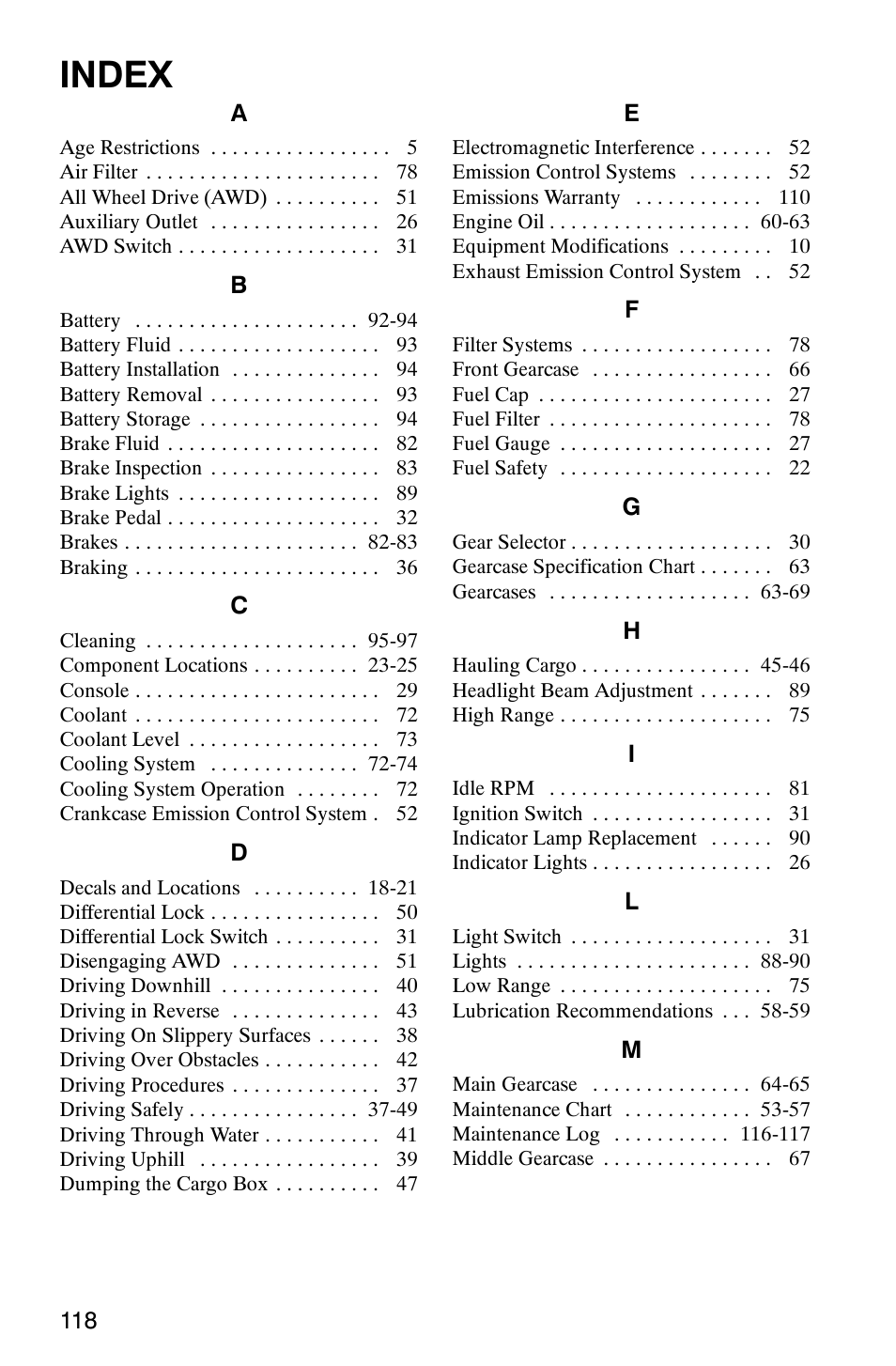 Index | Polaris RANGER XP 4X4 700 EFI User Manual | Page 121 / 122