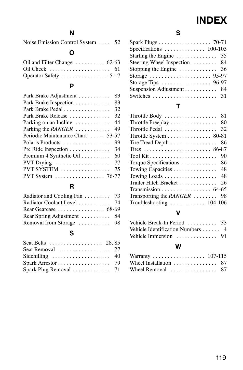 Index | Polaris RANGER XP 4X4 700 EFI User Manual | Page 122 / 122