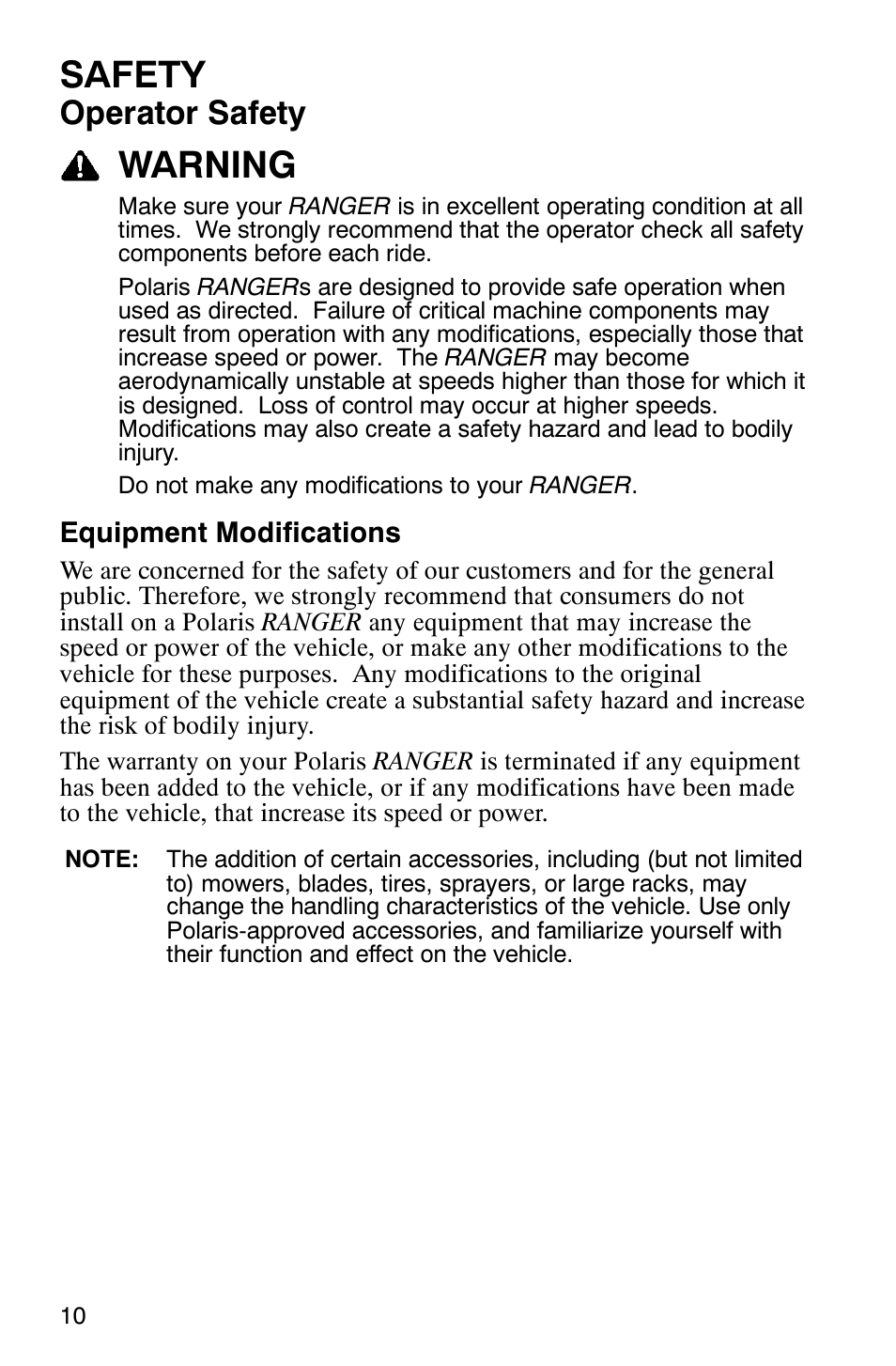 Safety, Warning, Operator safety | Polaris RANGER XP 4X4 700 EFI User Manual | Page 13 / 122