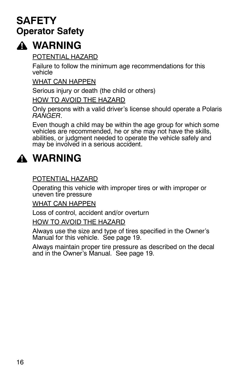 Safety, Warning, Operator safety | Polaris RANGER XP 4X4 700 EFI User Manual | Page 19 / 122