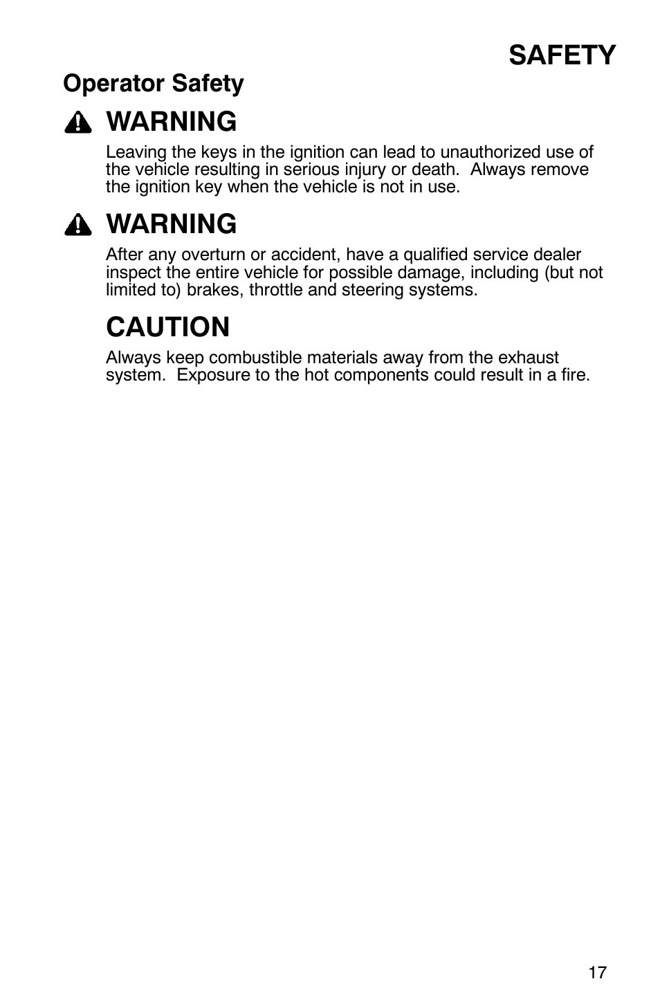 Safety, Warning, Caution | Operator safety | Polaris RANGER XP 4X4 700 EFI User Manual | Page 20 / 122