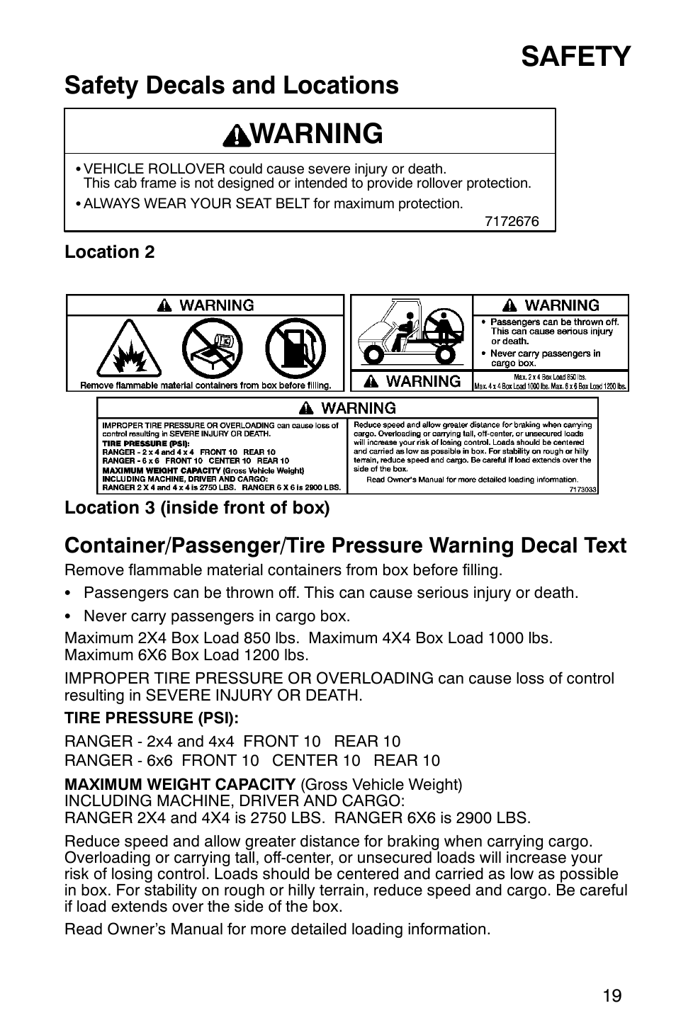Safety, Warning, Safety decals and locations | Polaris RANGER XP 4X4 700 EFI User Manual | Page 22 / 122