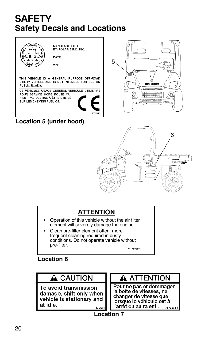 Safety, Safety decals and locations, Attention | Polaris RANGER XP 4X4 700 EFI User Manual | Page 23 / 122