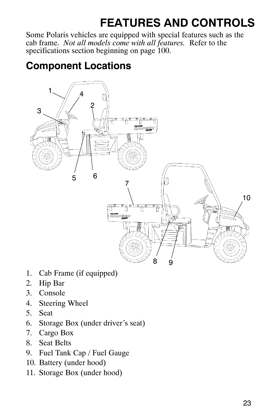 Features and controls, Component locations | Polaris RANGER XP 4X4 700 EFI User Manual | Page 26 / 122