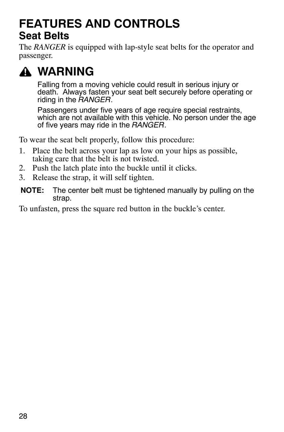 Features and controls, Warning, Seat belts | Polaris RANGER XP 4X4 700 EFI User Manual | Page 31 / 122