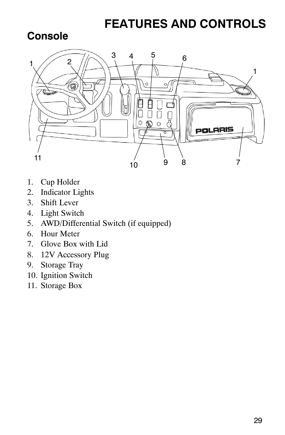 Features and controls, Console | Polaris RANGER XP 4X4 700 EFI User Manual | Page 32 / 122