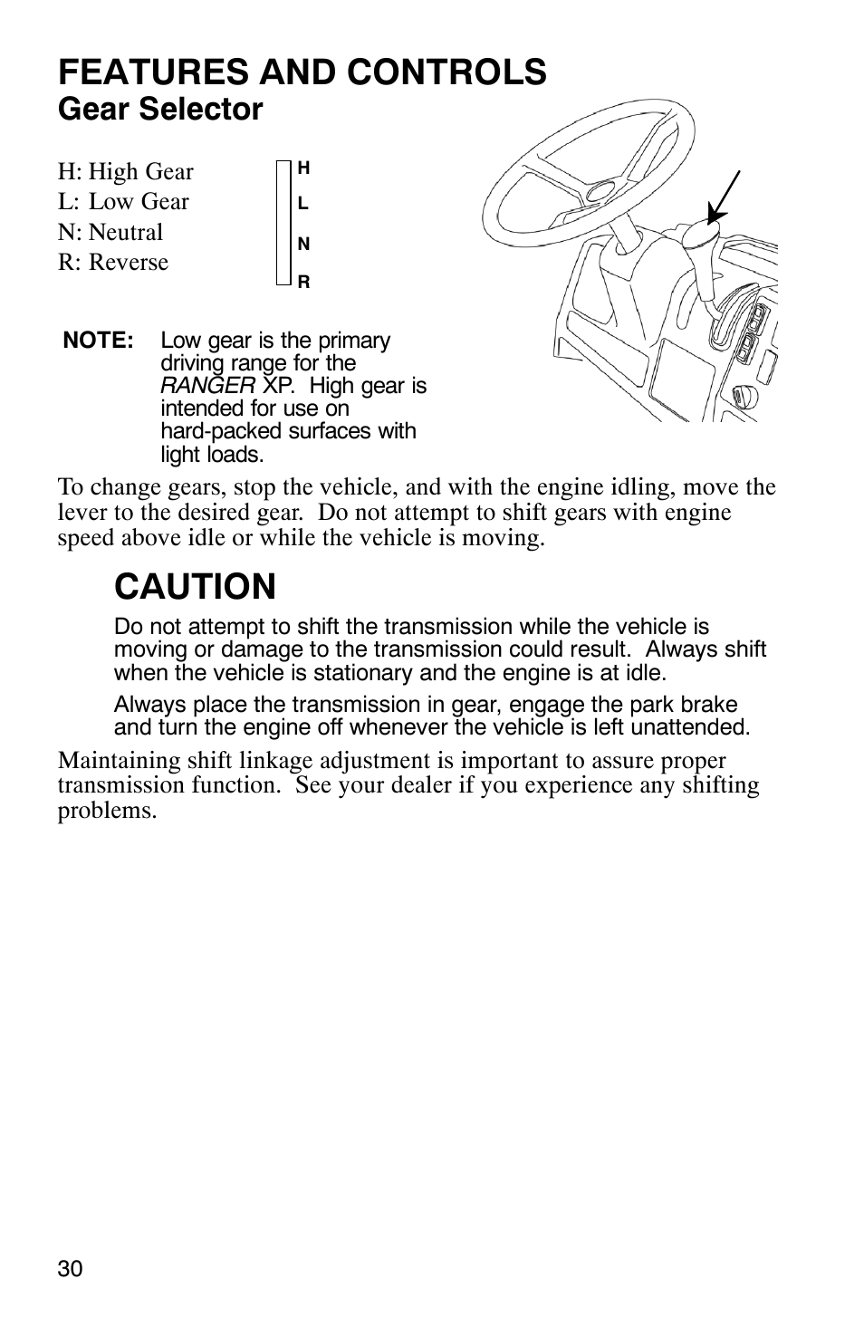 Features and controls, Caution, Gear selector | Polaris RANGER XP 4X4 700 EFI User Manual | Page 33 / 122