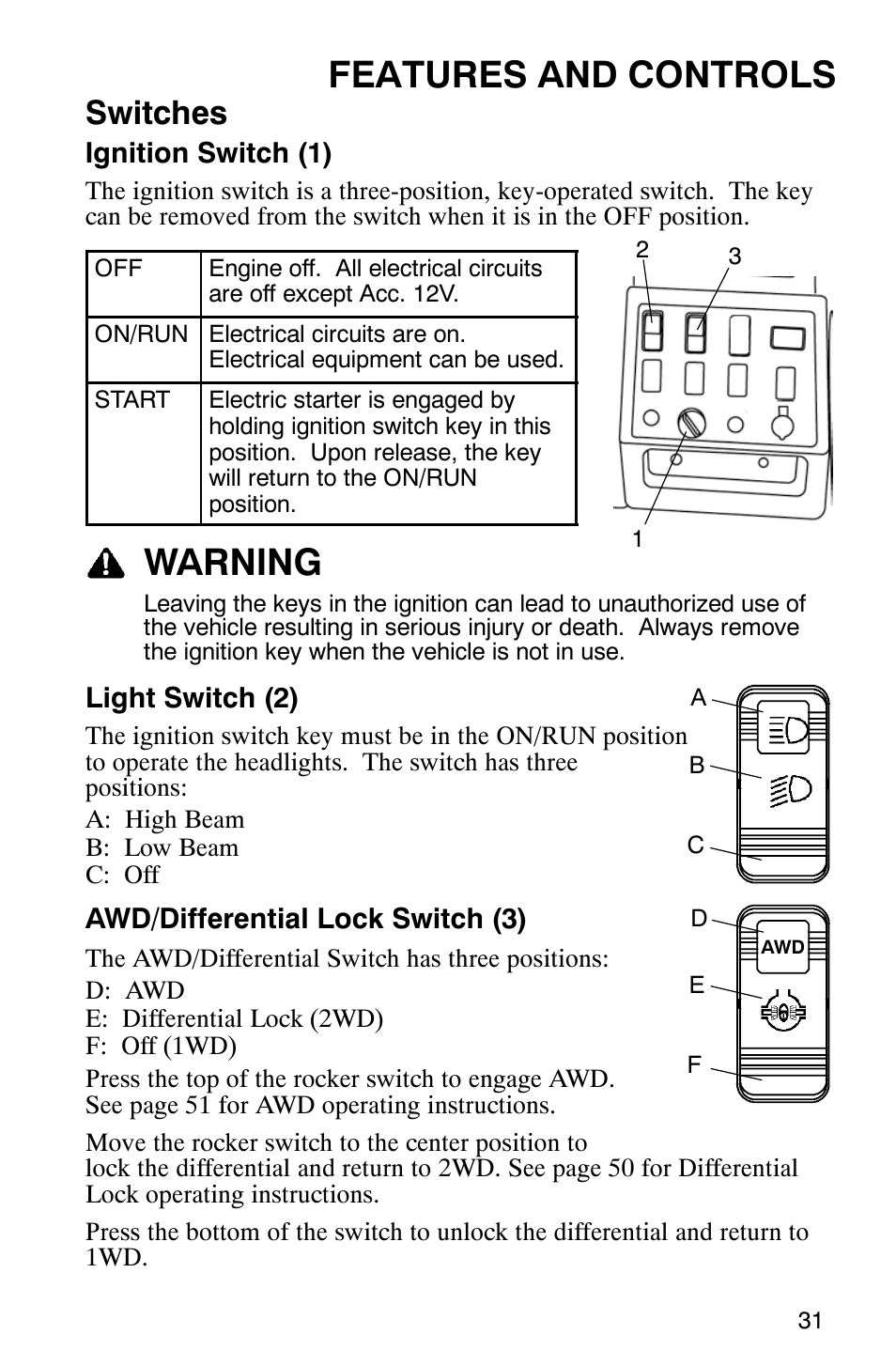 Features and controls, Warning, Switches | Polaris RANGER XP 4X4 700 EFI User Manual | Page 34 / 122