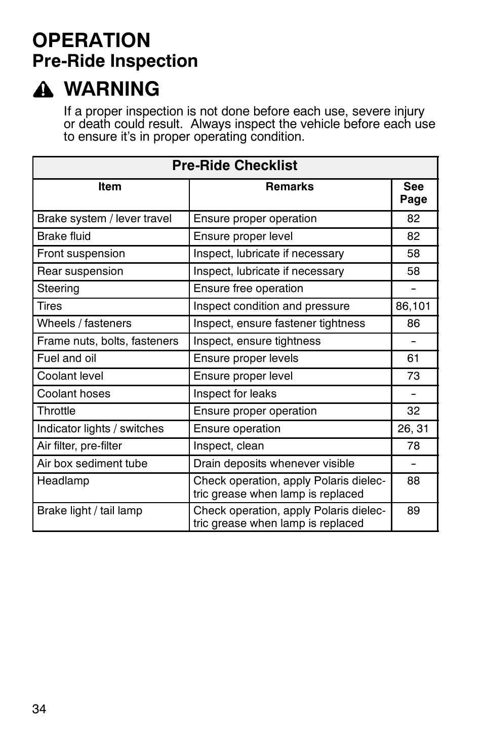Operation, Warning, Pre-ride inspection | Pre-ride checklist | Polaris RANGER XP 4X4 700 EFI User Manual | Page 37 / 122