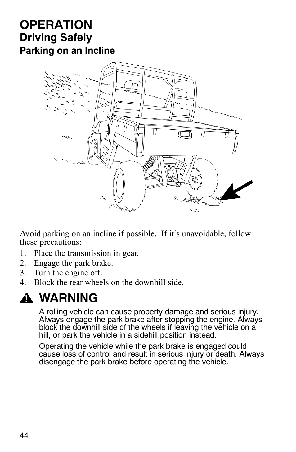 Operation, Warning, Driving safely | Polaris RANGER XP 4X4 700 EFI User Manual | Page 47 / 122
