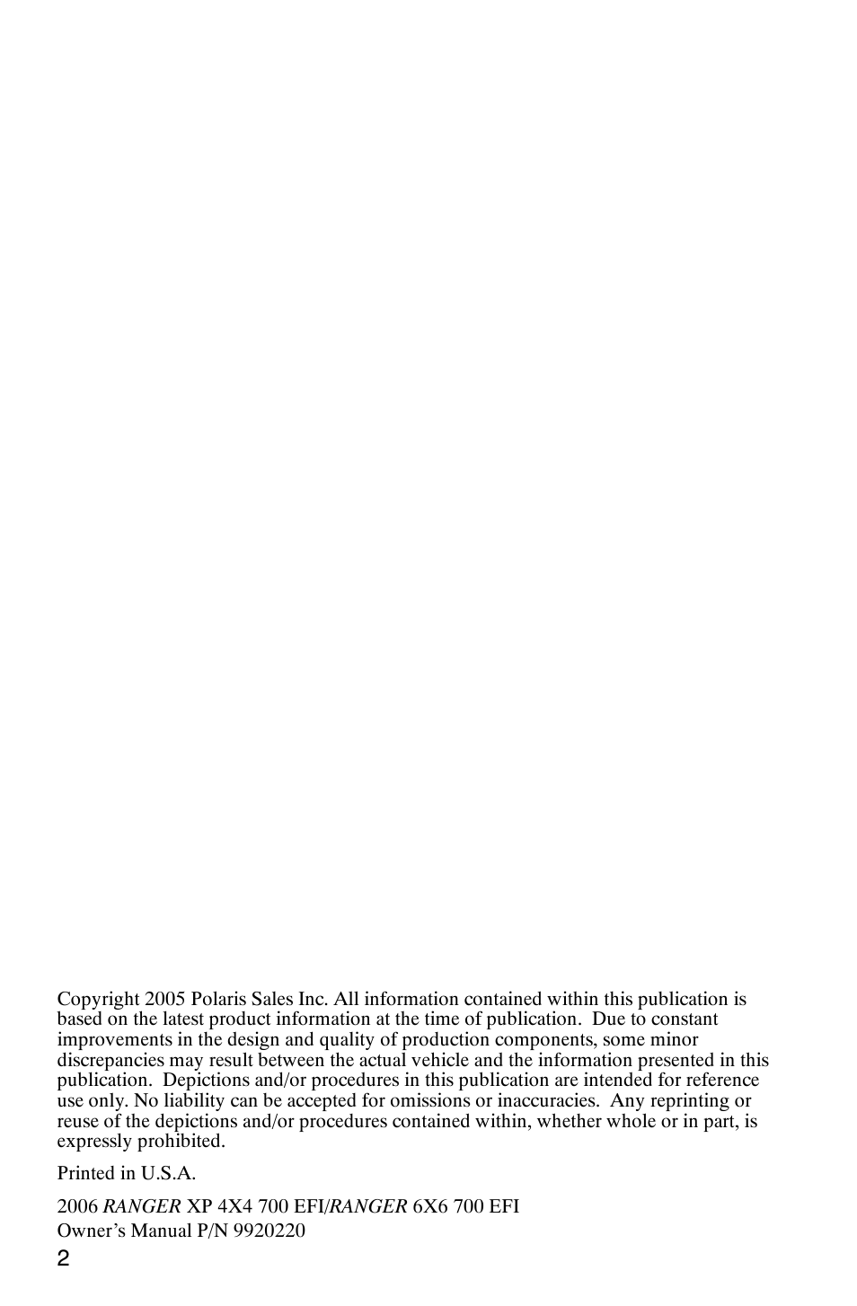 Polaris RANGER XP 4X4 700 EFI User Manual | Page 5 / 122