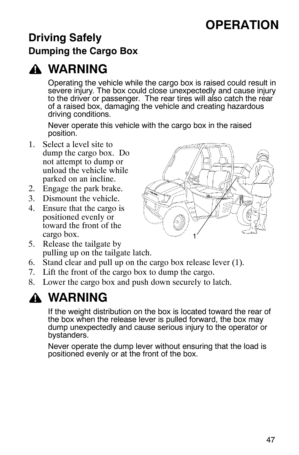 Operation, Warning, Driving safely | Polaris RANGER XP 4X4 700 EFI User Manual | Page 50 / 122