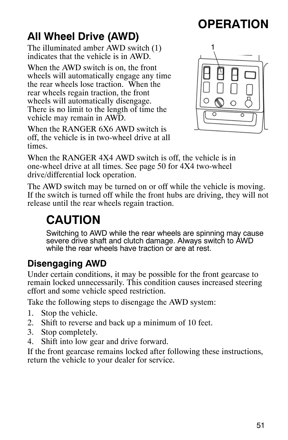 Operation, Caution, All wheel drive (awd) | Polaris RANGER XP 4X4 700 EFI User Manual | Page 54 / 122