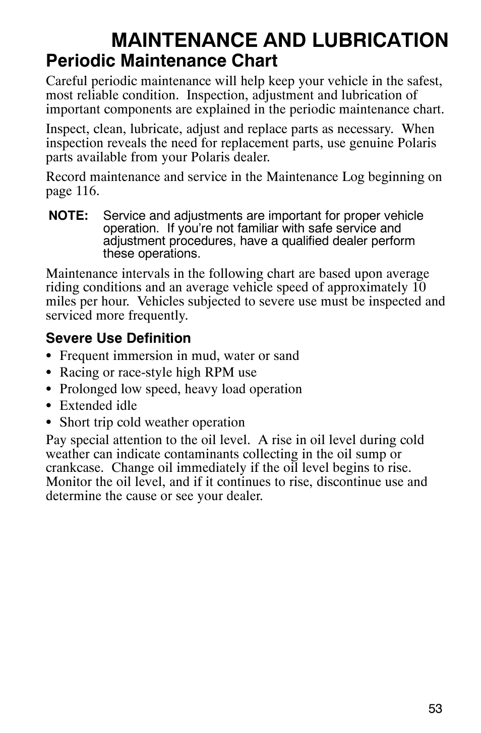 Maintenance and lubrication, Periodic maintenance chart | Polaris RANGER XP 4X4 700 EFI User Manual | Page 56 / 122