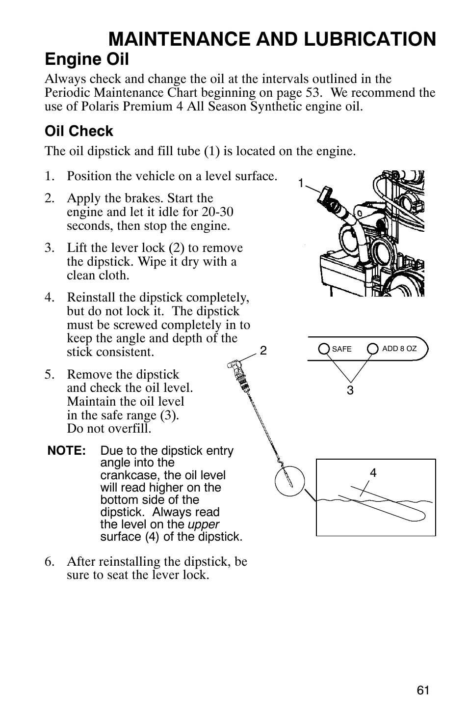 Maintenance and lubrication, Engine oil, Oil check | Polaris RANGER XP 4X4 700 EFI User Manual | Page 64 / 122