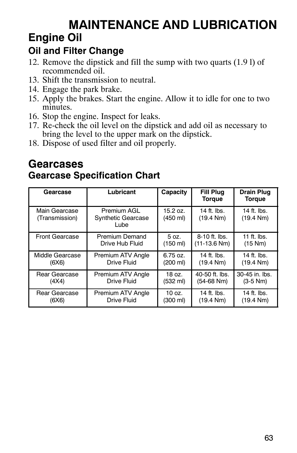 Maintenance and lubrication, Engine oil, Gearcases | Oil and filter change, Gearcase specification chart | Polaris RANGER XP 4X4 700 EFI User Manual | Page 66 / 122