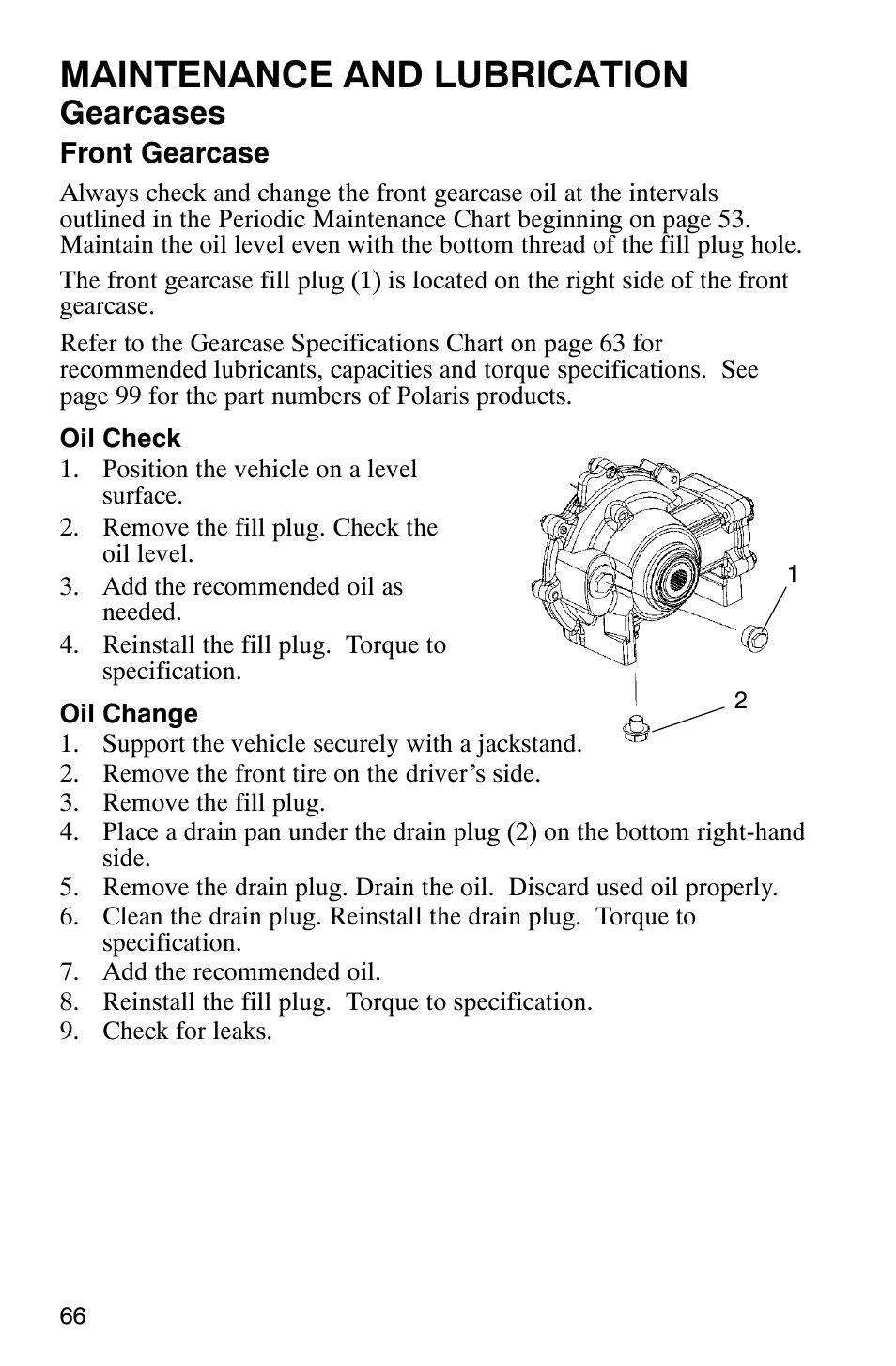 Maintenance and lubrication, Gearcases | Polaris RANGER XP 4X4 700 EFI User Manual | Page 69 / 122