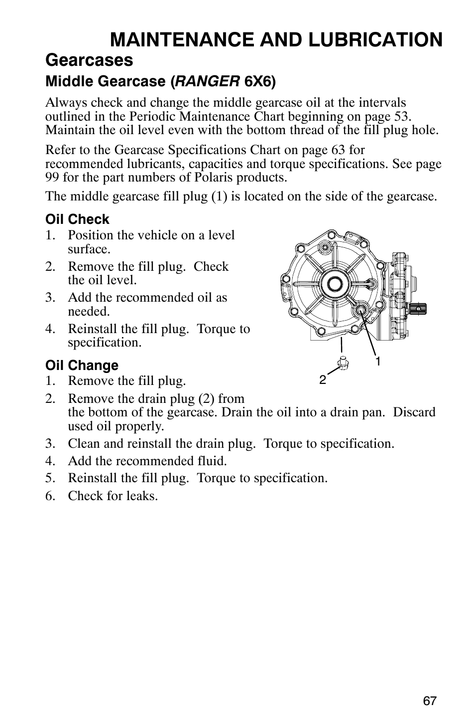 Maintenance and lubrication, Gearcases | Polaris RANGER XP 4X4 700 EFI User Manual | Page 70 / 122