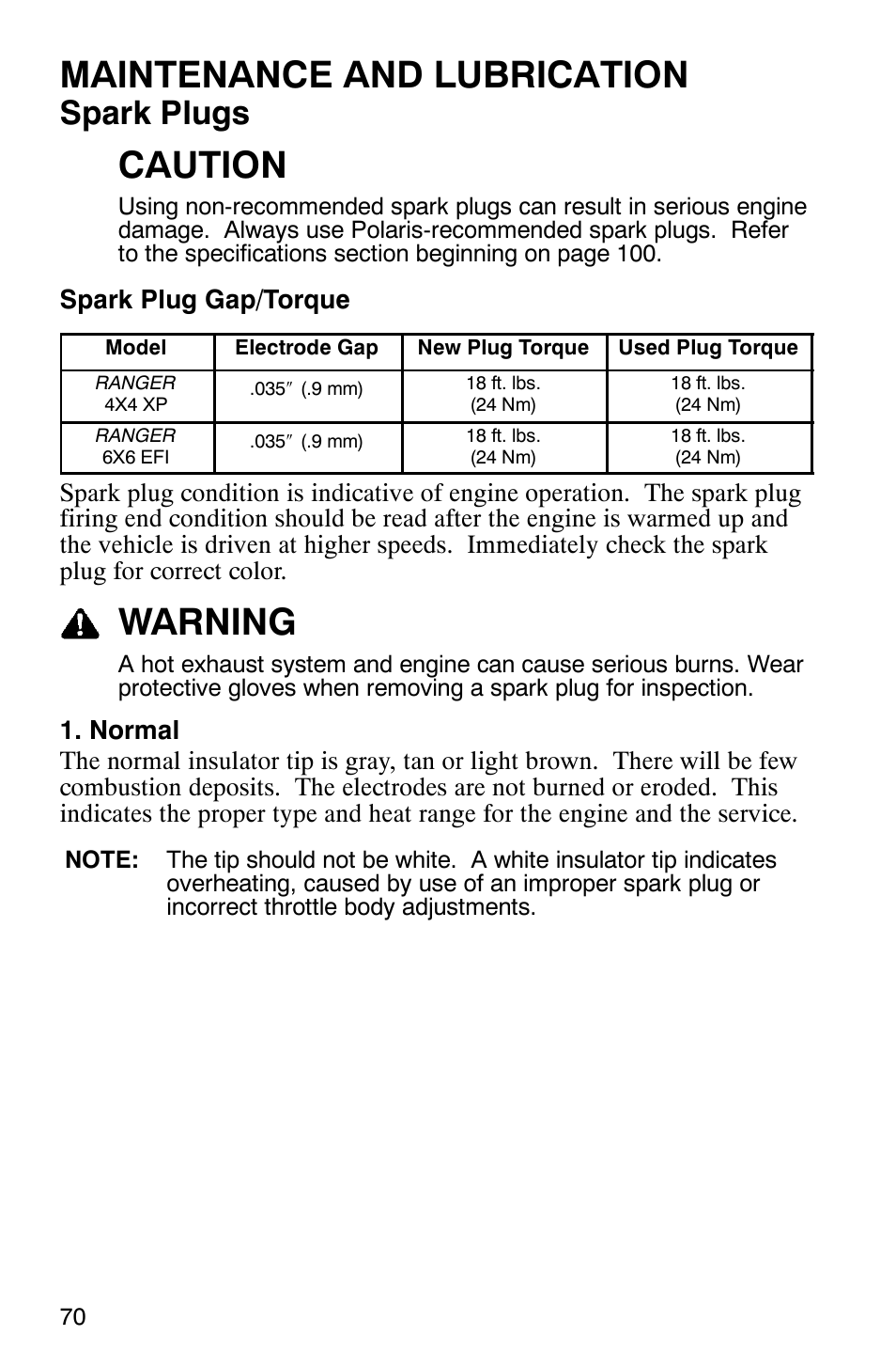 Maintenance and lubrication, Caution, Warning | Spark plugs | Polaris RANGER XP 4X4 700 EFI User Manual | Page 73 / 122