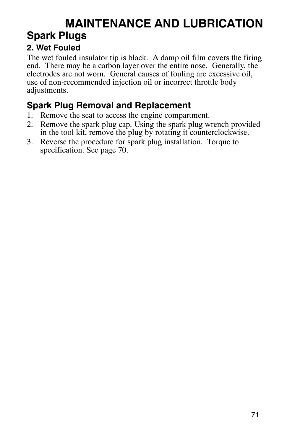 Maintenance and lubrication, Spark plugs | Polaris RANGER XP 4X4 700 EFI User Manual | Page 74 / 122