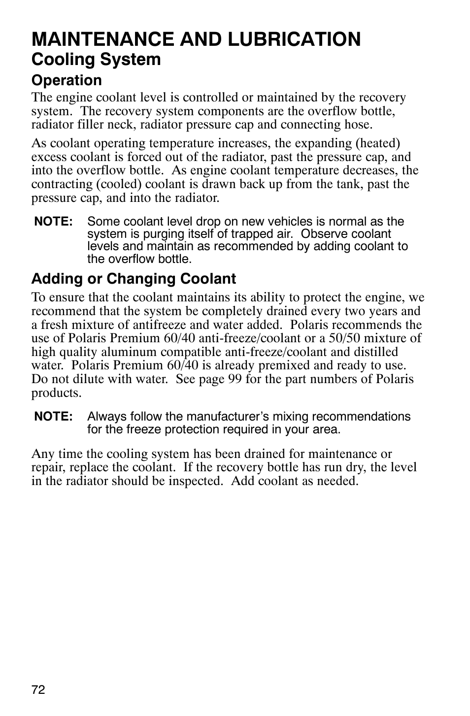 Maintenance and lubrication, Cooling system | Polaris RANGER XP 4X4 700 EFI User Manual | Page 75 / 122