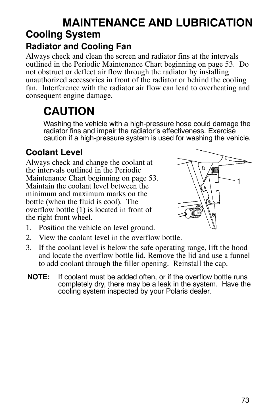 Maintenance and lubrication, Caution, Cooling system | Polaris RANGER XP 4X4 700 EFI User Manual | Page 76 / 122