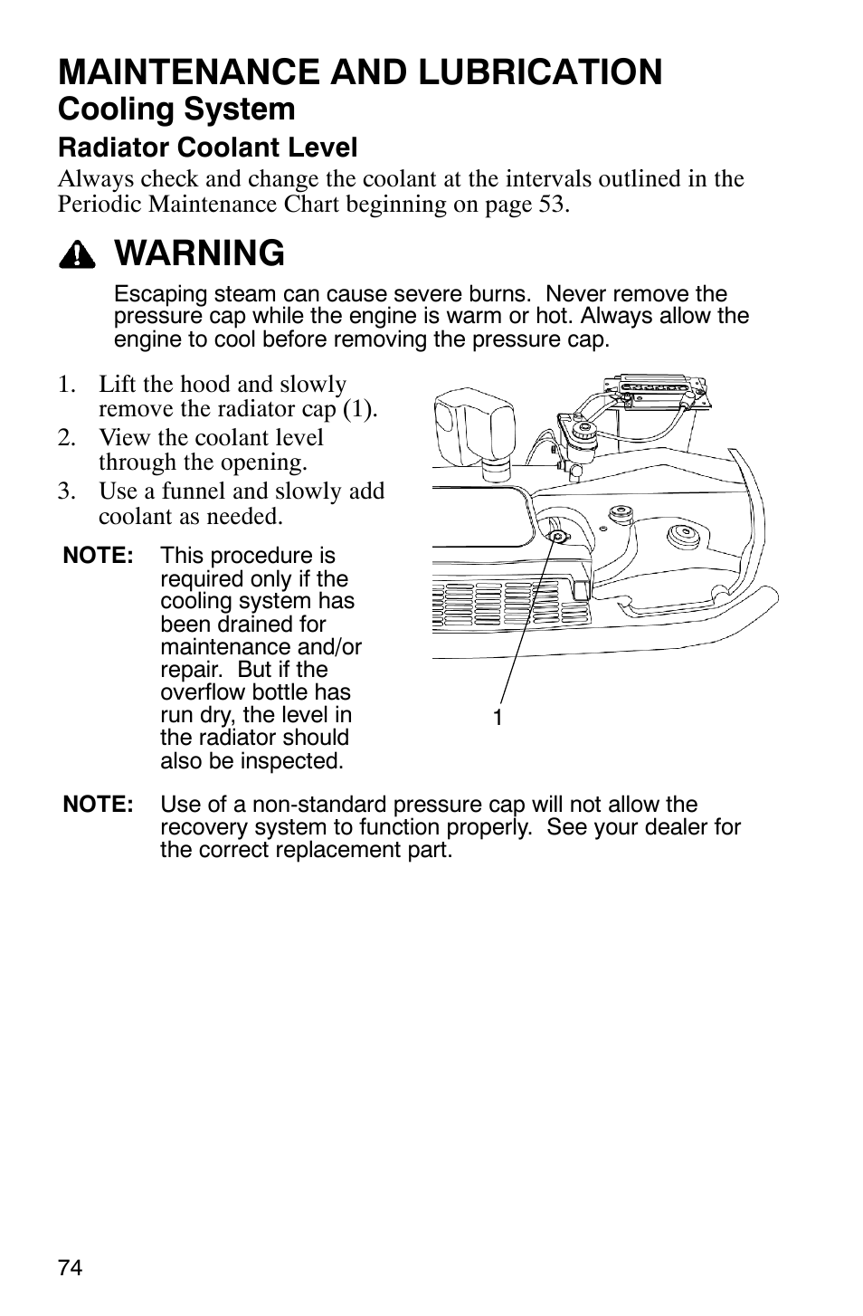 Maintenance and lubrication, Warning, Cooling system | Polaris RANGER XP 4X4 700 EFI User Manual | Page 77 / 122
