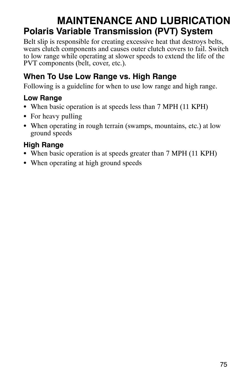 Maintenance and lubrication, Polaris variable transmission (pvt) system | Polaris RANGER XP 4X4 700 EFI User Manual | Page 78 / 122