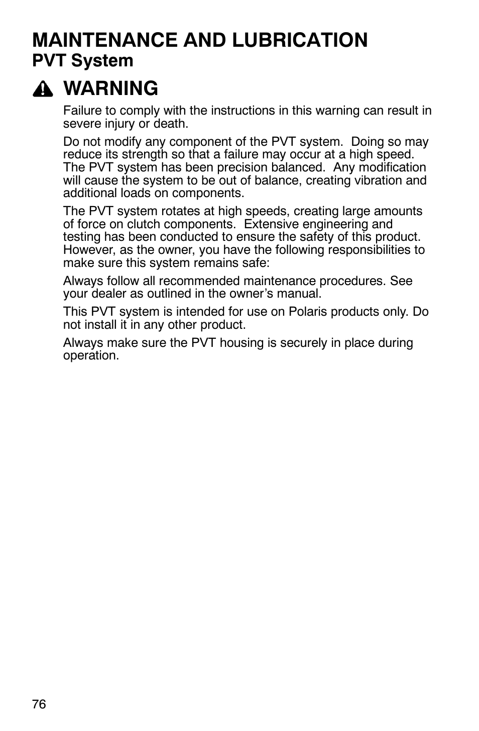 Maintenance and lubrication, Warning, Pvt system | Polaris RANGER XP 4X4 700 EFI User Manual | Page 79 / 122