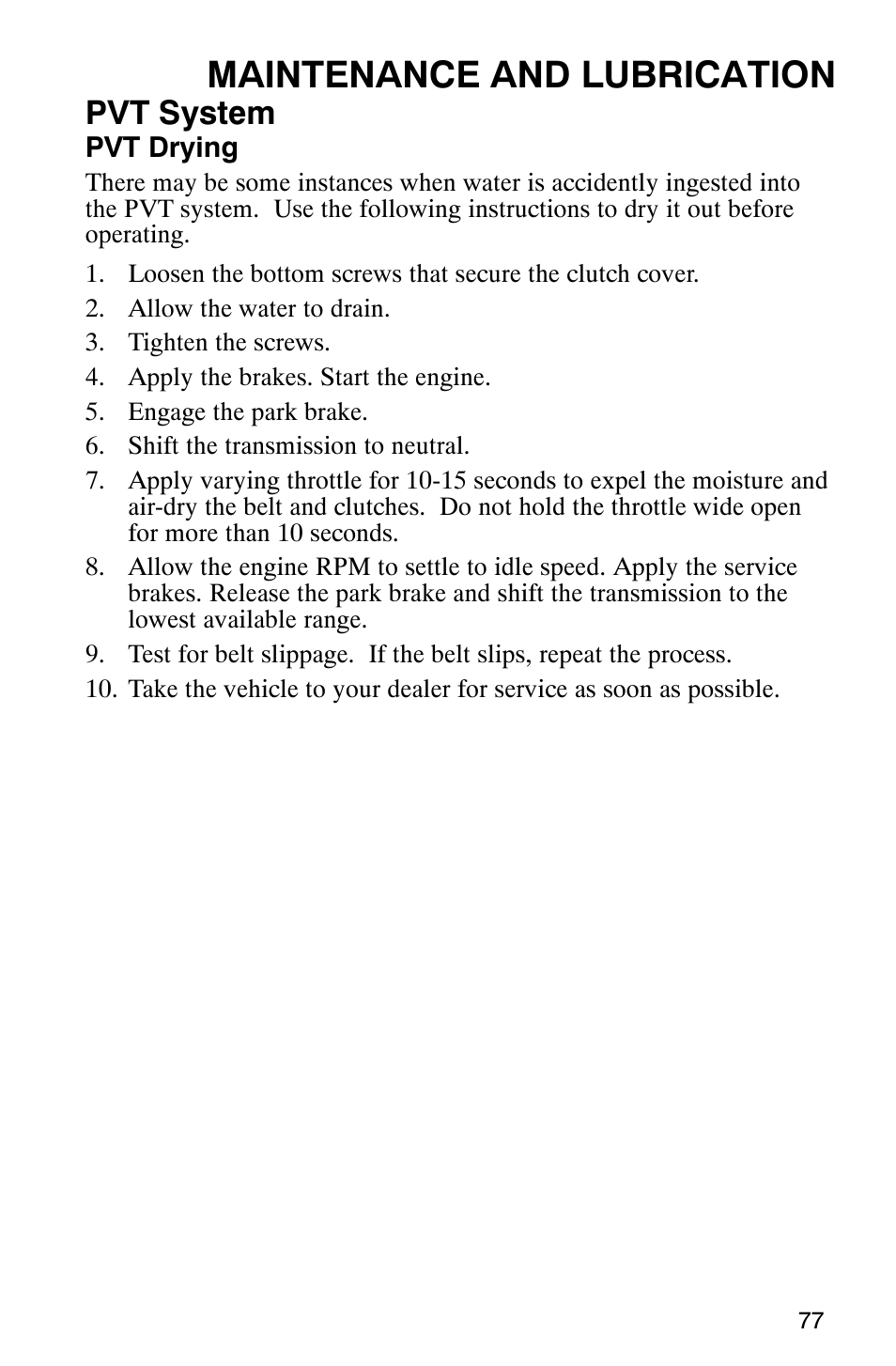 Maintenance and lubrication, Pvt system | Polaris RANGER XP 4X4 700 EFI User Manual | Page 80 / 122