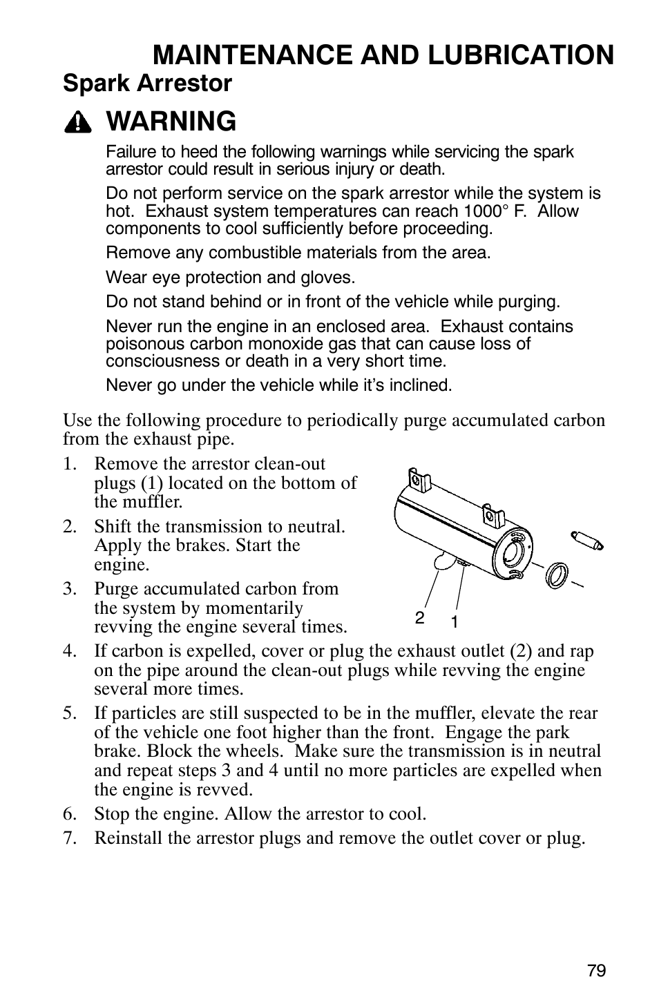 Maintenance and lubrication, Warning, Spark arrestor | Polaris RANGER XP 4X4 700 EFI User Manual | Page 82 / 122
