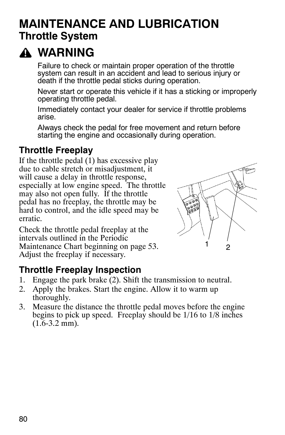 Maintenance and lubrication, Warning, Throttle system | Polaris RANGER XP 4X4 700 EFI User Manual | Page 83 / 122