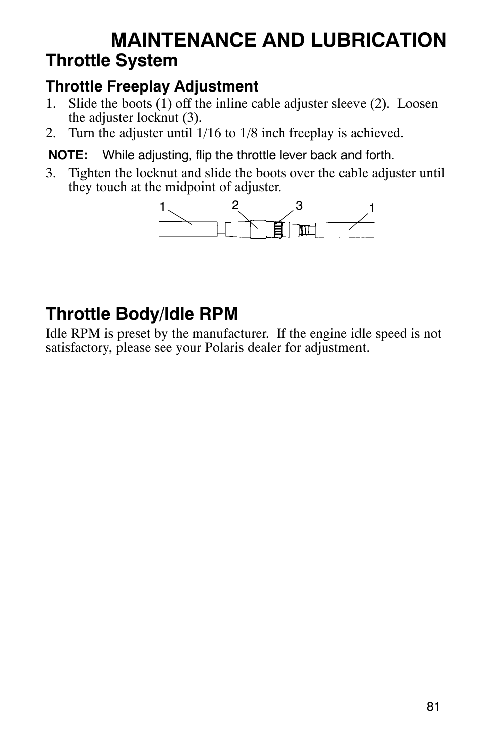 Maintenance and lubrication, Throttle system, Throttle body/idle rpm | Polaris RANGER XP 4X4 700 EFI User Manual | Page 84 / 122