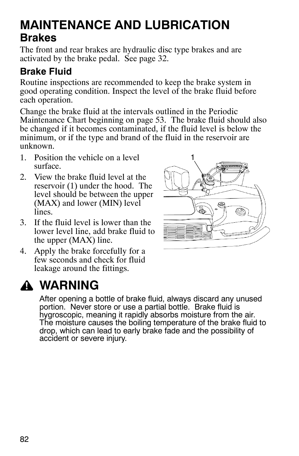 Maintenance and lubrication, Warning, Brakes | Polaris RANGER XP 4X4 700 EFI User Manual | Page 85 / 122