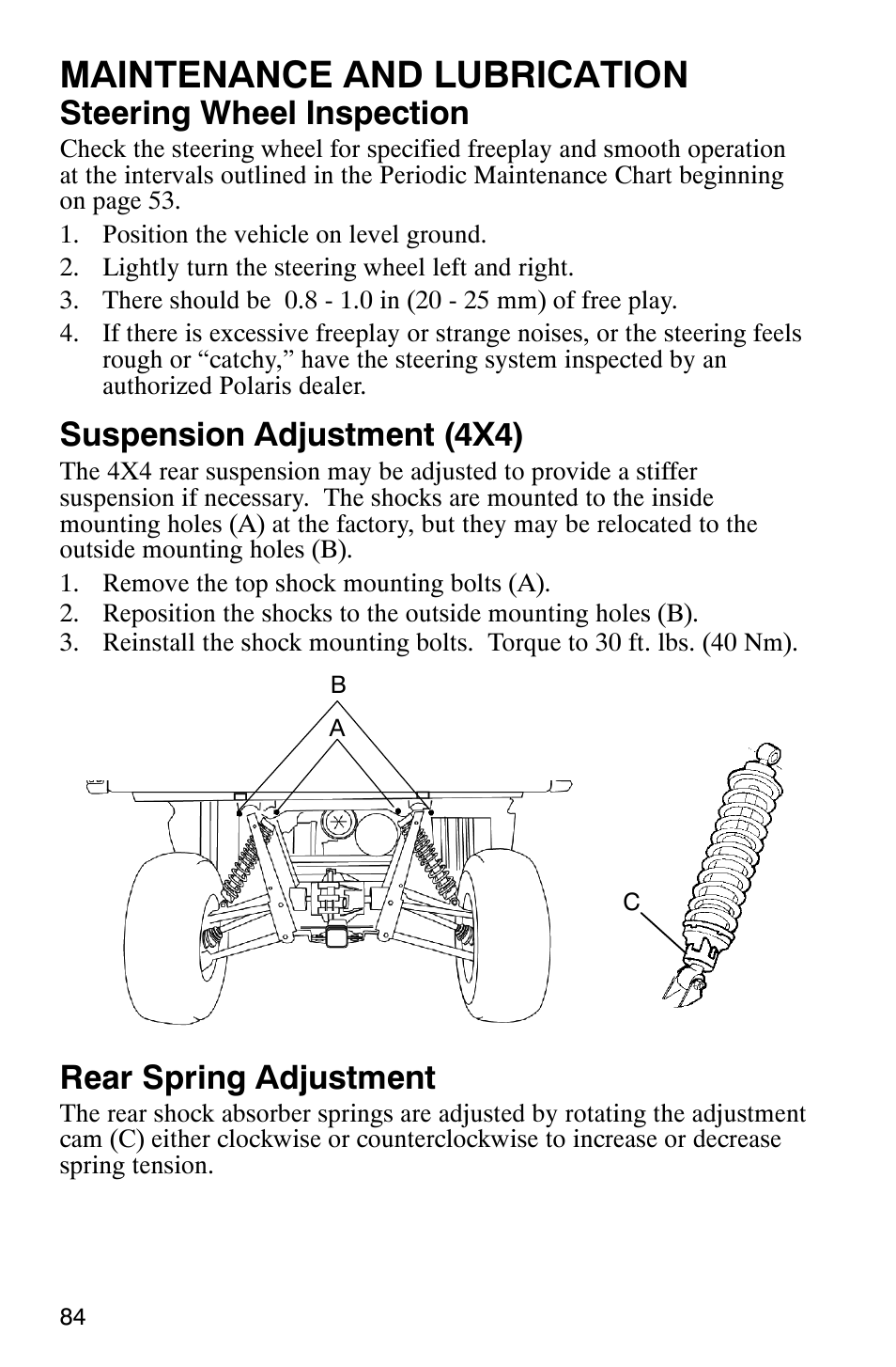 Maintenance and lubrication, Steering wheel inspection, Suspension adjustment (4x4) | Rear spring adjustment | Polaris RANGER XP 4X4 700 EFI User Manual | Page 87 / 122