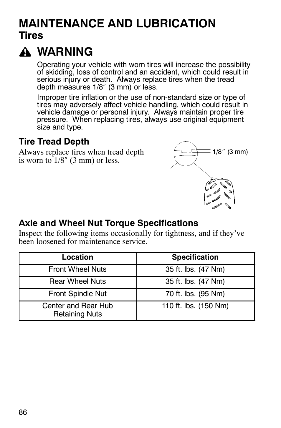 Maintenance and lubrication, Warning, Tires | Polaris RANGER XP 4X4 700 EFI User Manual | Page 89 / 122